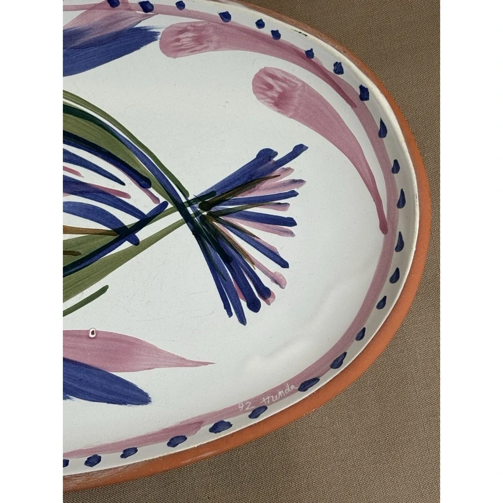 Hand Painted Italian Plate w Fish Blue Pink Green Brown 12